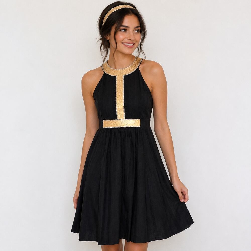 Tibi Black Textured Holiday Silk Blend Dress with Sequins Sz 2
